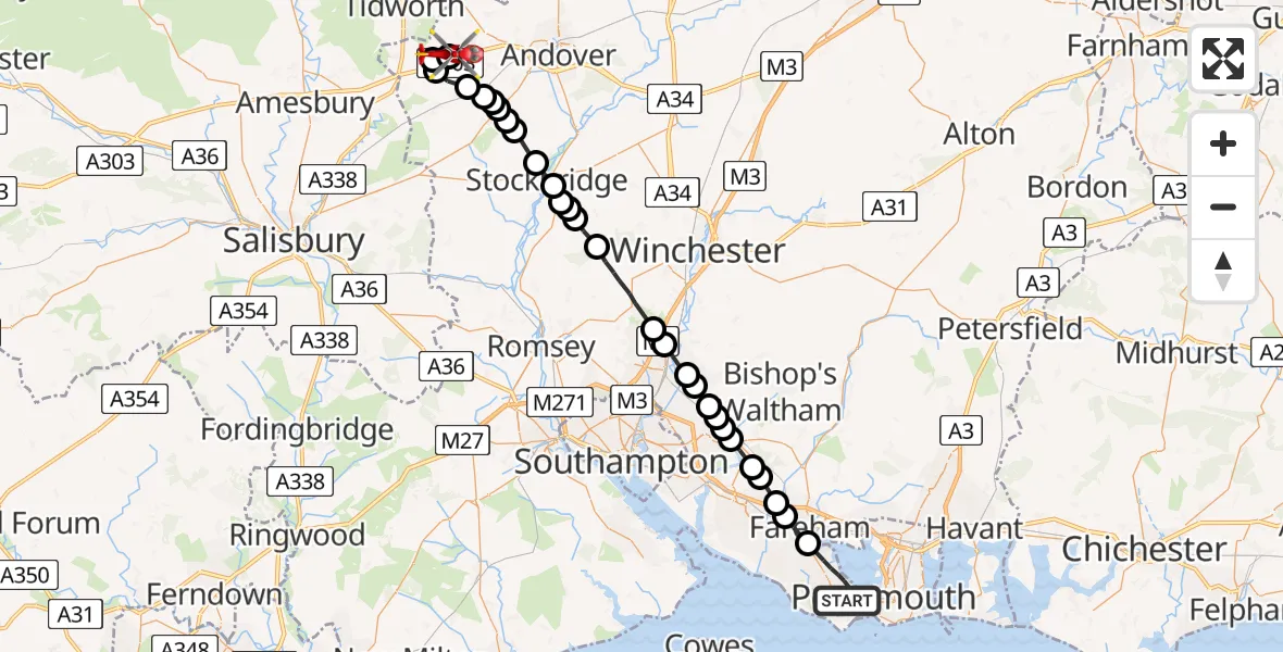 Flight route map: Air Ambulance Helicopter to Thruxton Aerodrome, Thruxton Aerodrome