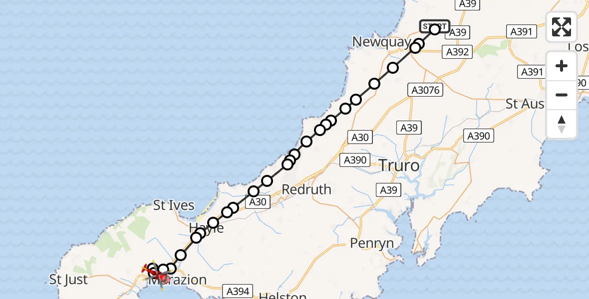 Flight route map: Air Ambulance Helicopter to Penzance Heliport, Penzance Heliport