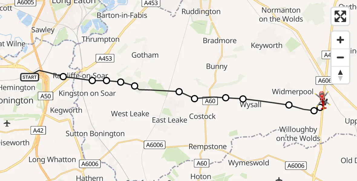 Flight route map: Air Ambulance Helicopter to Nottingham Heliport, Nottingham Heliport