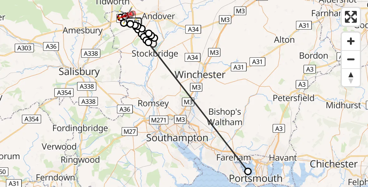 Flight route map: Air Ambulance Helicopter to Thruxton Aerodrome, Thruxton Aerodrome