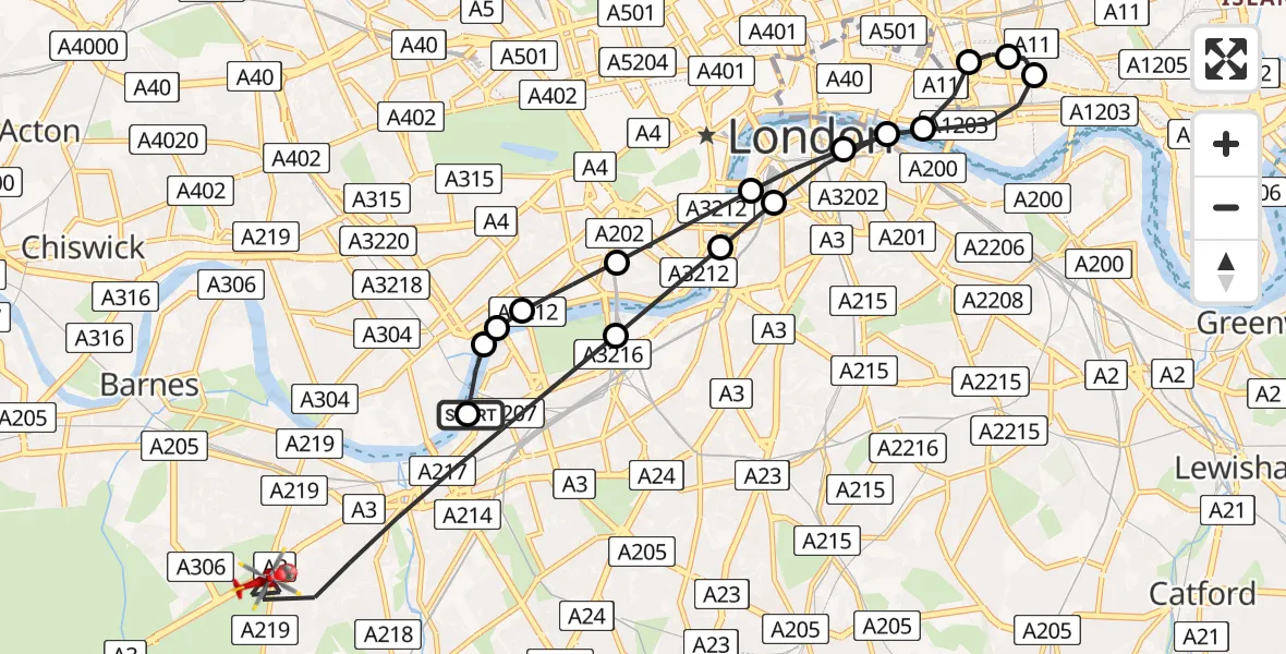 Routekaart van de vlucht: Air Ambulance Helicopter to London Borough of Wandsworth, Kingston Road