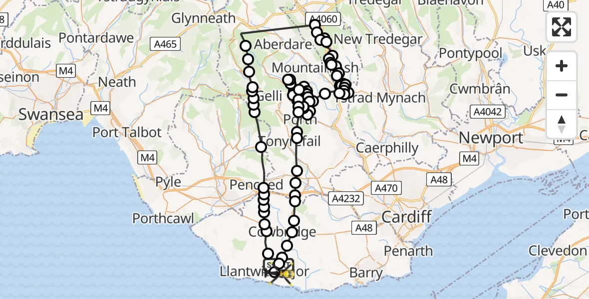 Flight route map: Police Helicopter to Boverton, B4265