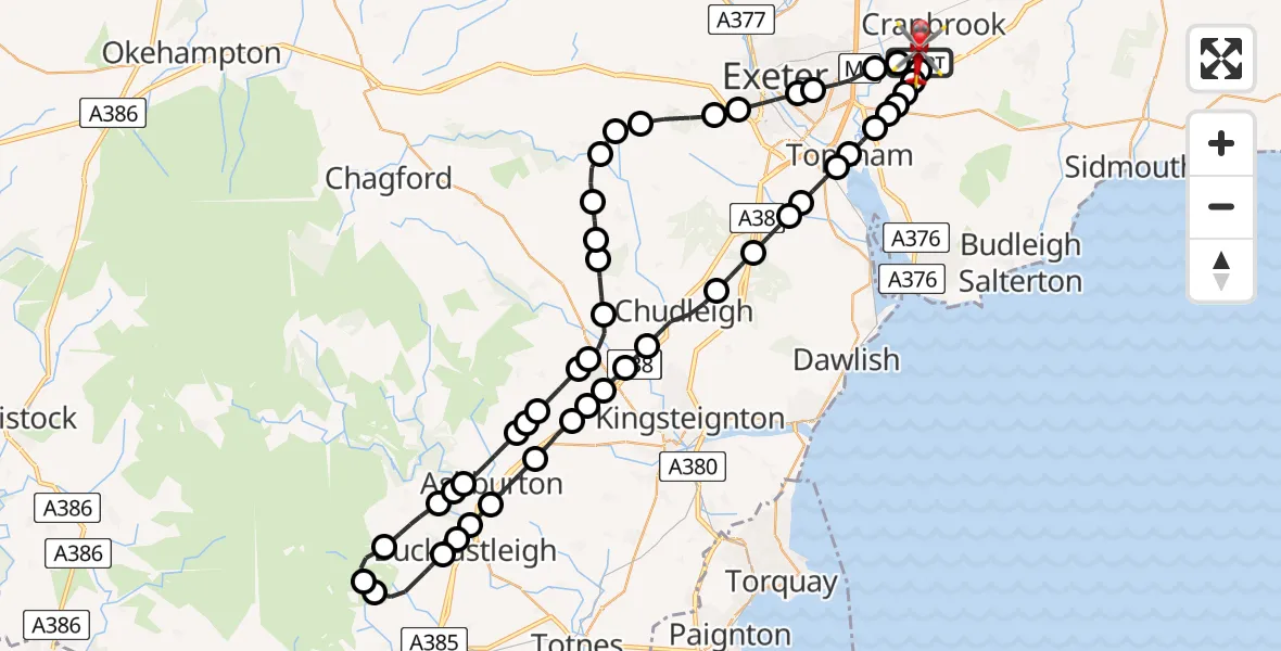 Flight route map: Air Ambulance Helicopter to Exeter International Airport, Exeter International Airport