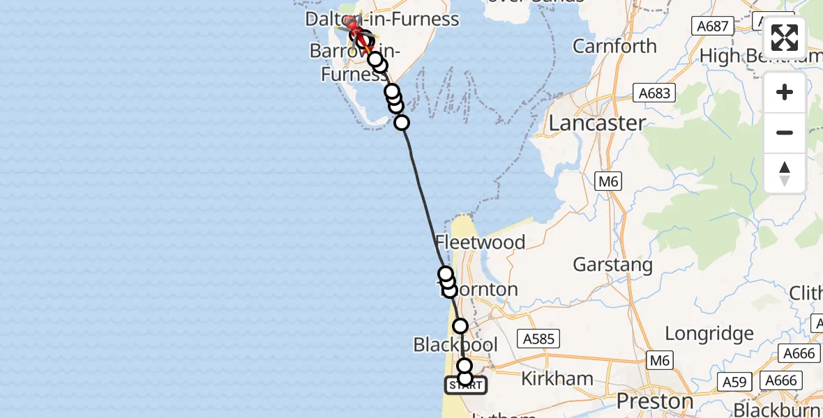 Flight route map: Air Ambulance Helicopter to Dalton-in-Furness, Kepplewray Drive