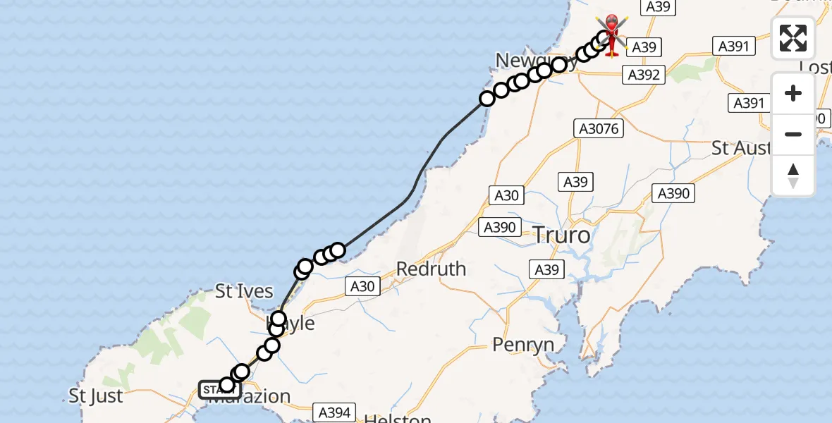 Routekaart van de vlucht: Air Ambulance Helicopter to Cornwall Airport Newquay, Cornwall Airport Newquay