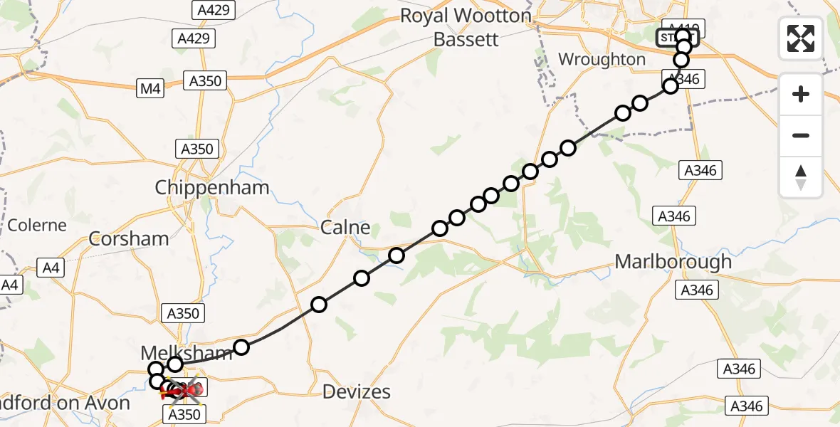 Flight route map: Air Ambulance Helicopter to Trowbridge, Trowbridge