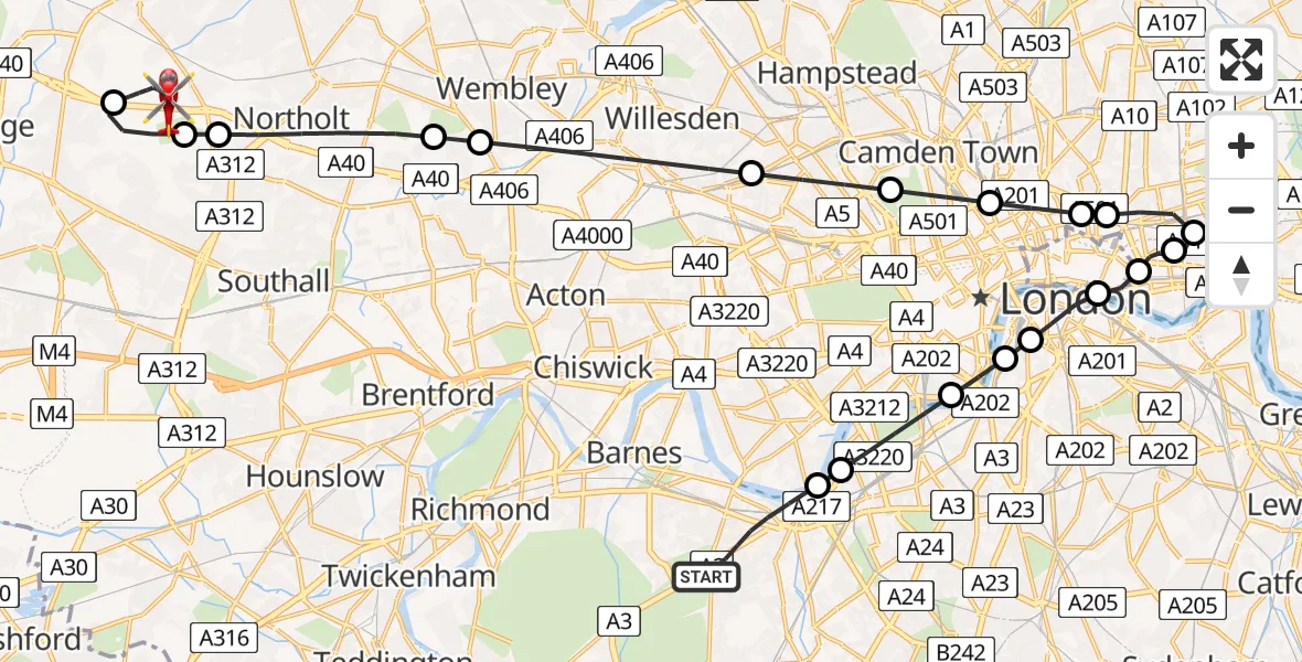 Flight route map: Air Ambulance Helicopter to RAF Northolt, RAF Northolt