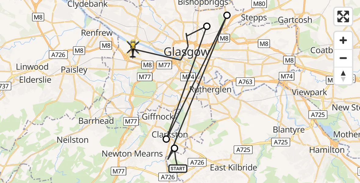 Flight path map showing Police Helicopter route from Thorntonhall to Glasgow