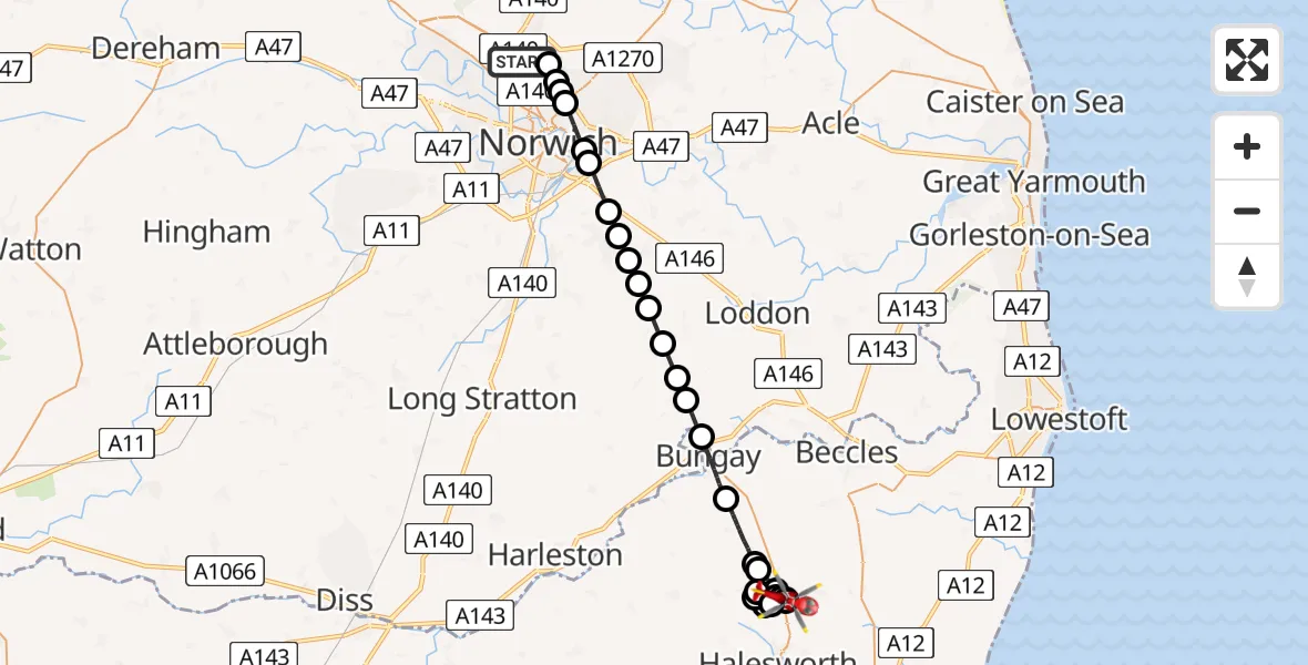 Flight route map: Air Ambulance Helicopter to East Suffolk, Noller's Lane