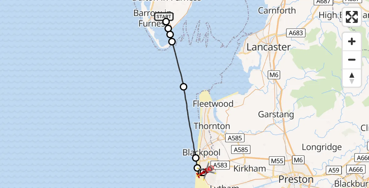 Routekaart van de vlucht: Air Ambulance Helicopter to Blackpool Airport, Blackpool Airport