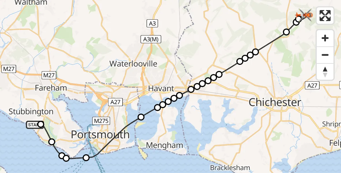 Flight route map: Coastguard Helicopter to Chichester, Broad Walk