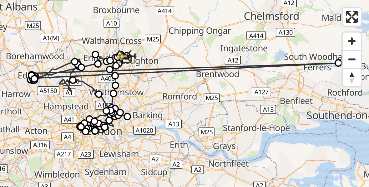 Flight route map: Police Helicopter to Metropolitan Police Air Support Unit Lippitts Hill, Metropolitan Police Air Support Unit Lippitts Hill