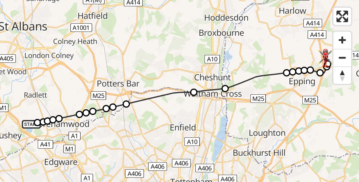 Flight route map: Air Ambulance Helicopter to North Weald Airfield, North Weald Airfield