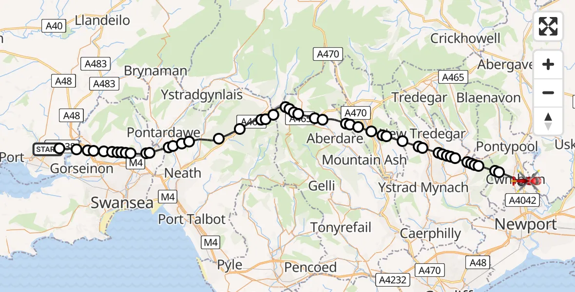 Flight route Air Ambulance Helicopter Dafen - Cwmbrân, 04 February 2026, 17:47