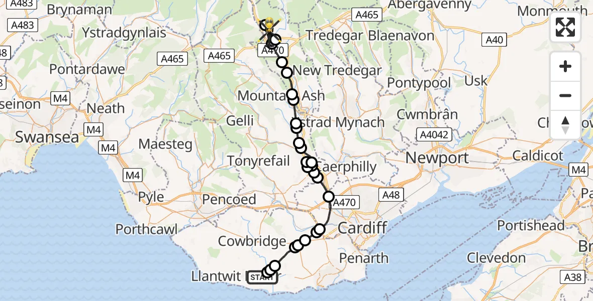 Flight route map: Police Helicopter to Trefechan, Lôn Maes Du