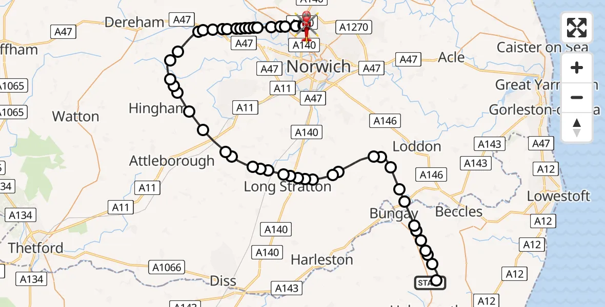 Routekaart van de vlucht: Air Ambulance Helicopter to Norwich Airport, Norwich Airport