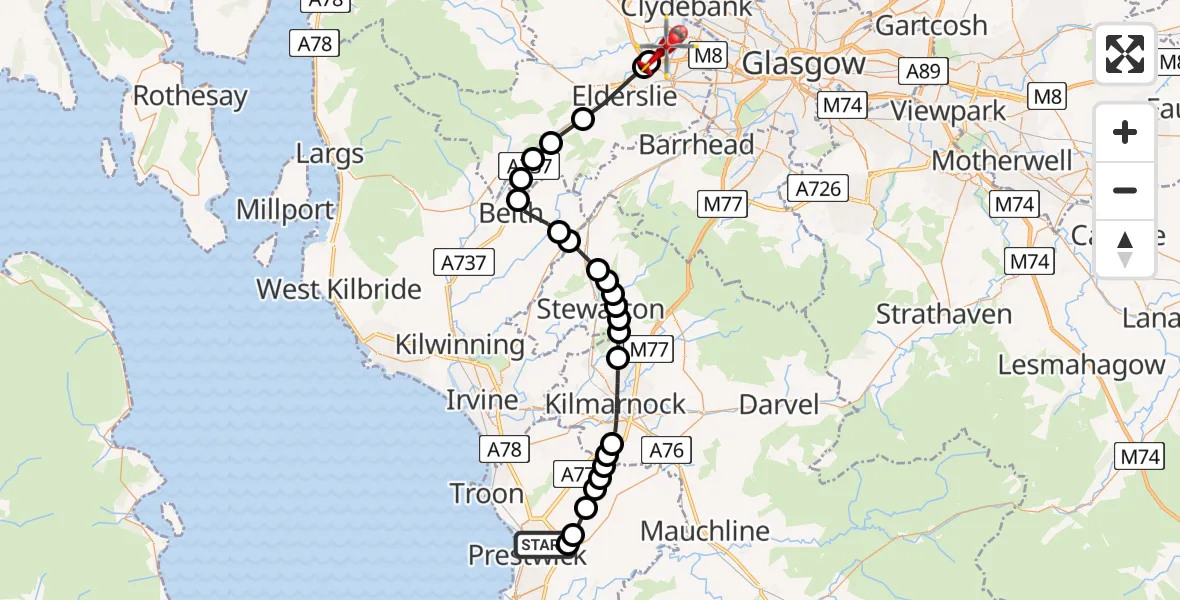 Flight route map: Air Ambulance Helicopter to Glasgow Airport, Glasgow Airport