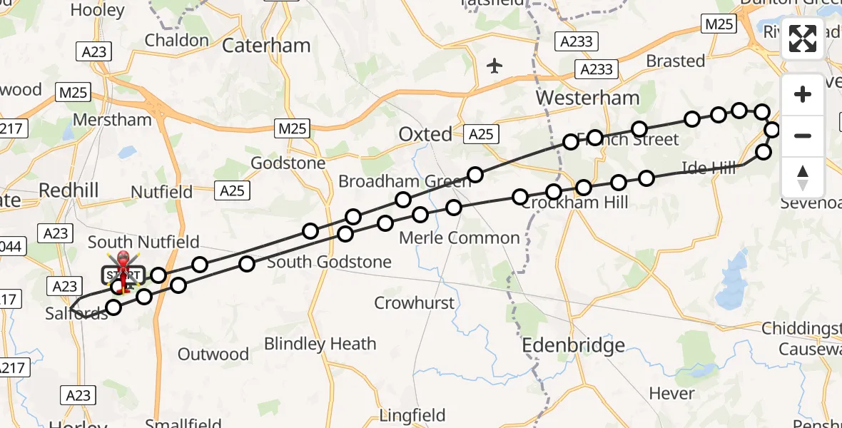 Flight path map showing Air Ambulance Helicopter route from Redhill Aerodrome to Redhill Aerodrome