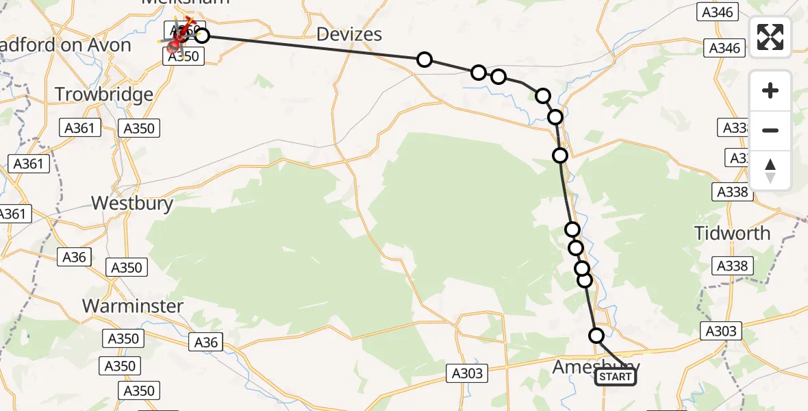 Flight route map: Air Ambulance Helicopter to Wiltshire Air Ambulance, Wiltshire Air Ambulance