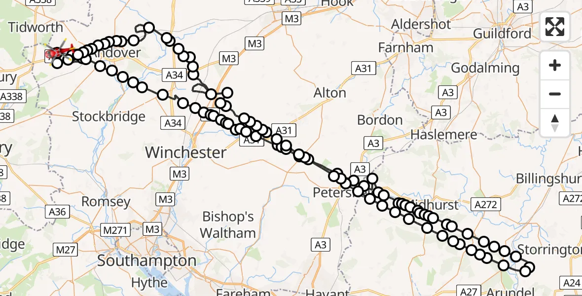Flight route map: Air Ambulance Helicopter to Thruxton Aerodrome, Thruxton Aerodrome
