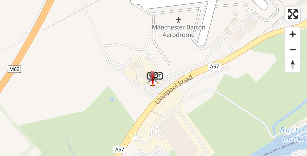 Flight path map showing Air Ambulance Helicopter route from Manchester Barton Aerodrome to Irlam