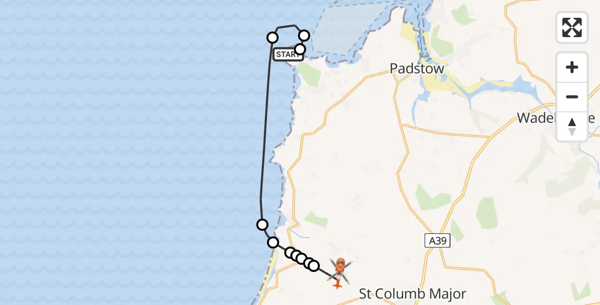Flight route map: Coastguard Helicopter to Cornwall Airport Newquay, Cornwall Airport Newquay