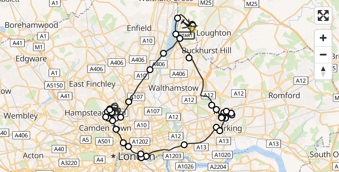 Flight route map: Police Helicopter to Sewardstonebury, Green Lane