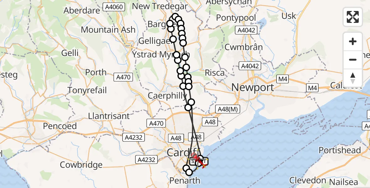 Flight route map: Air Ambulance Helicopter to Cardiff Heliport, Cardiff Heliport