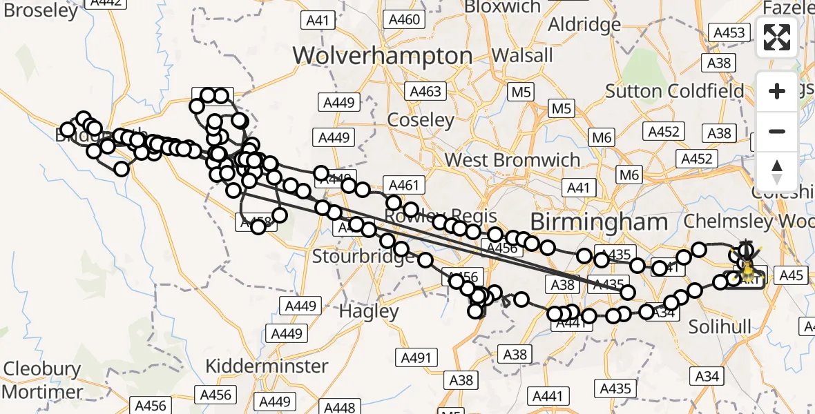 Flight path map showing Police Helicopter route from Birmingham Airport to Birmingham Airport