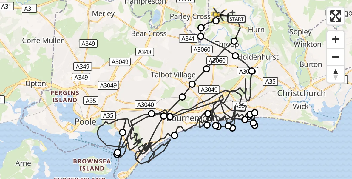 Flight route map: Police Helicopter to Bournemouth Airport, Bournemouth Airport
