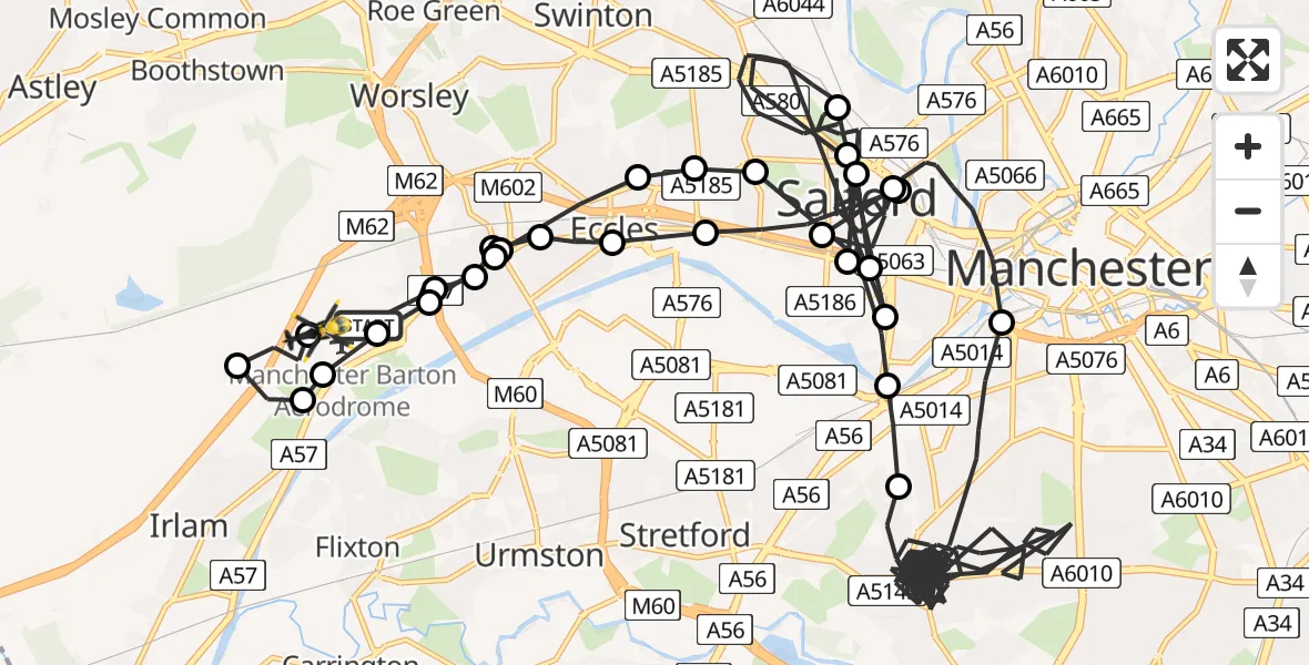Flight path map showing Police Helicopter route from Manchester Barton Aerodrome to Manchester Barton Aerodrome