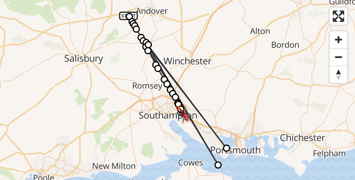 Flight route map: Air Ambulance Helicopter to Southampton, Hinkler Road