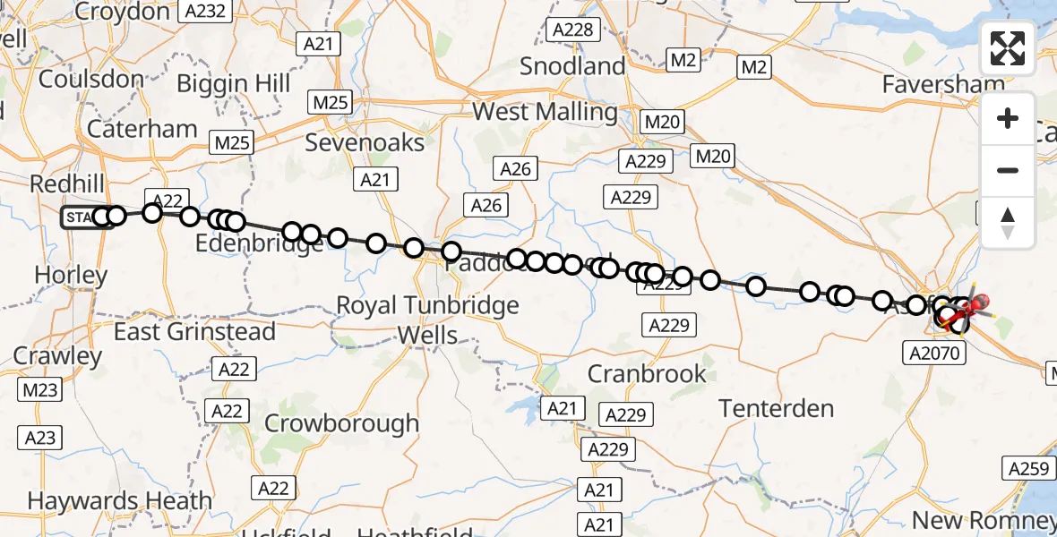 Flight route map: Air Ambulance Helicopter to Sevington, Kennington Road