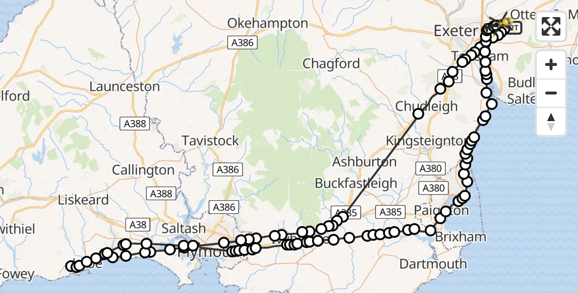 Routekaart van de vlucht: Police Helicopter to Exeter International Airport, Exeter International Airport