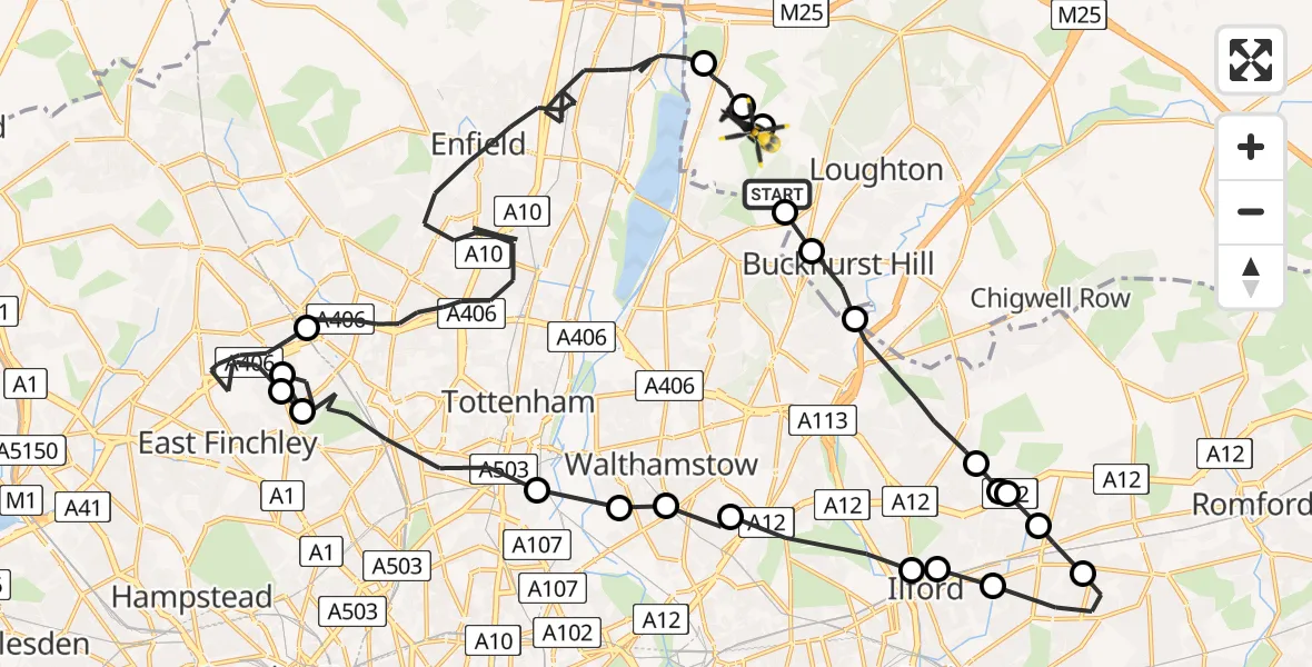 Flight route map: Police Helicopter to Sewardstonebury, Bury Road
