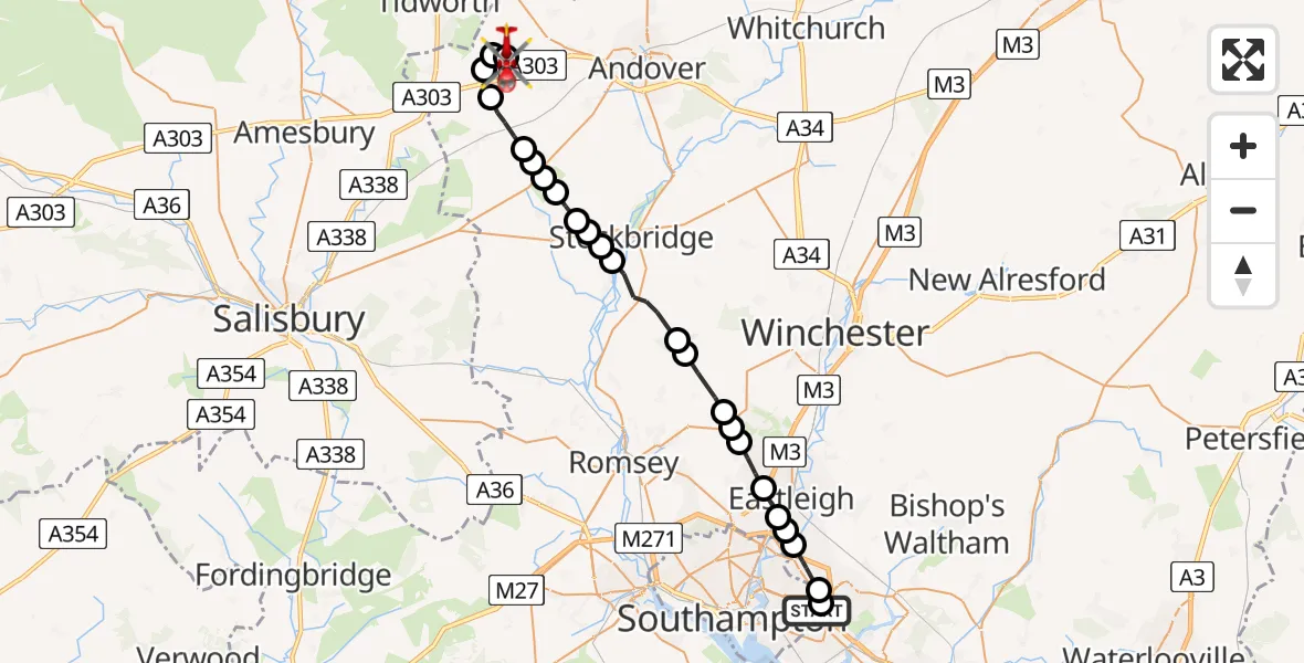 Flight route map: Air Ambulance Helicopter to Thruxton Aerodrome, Thruxton Aerodrome