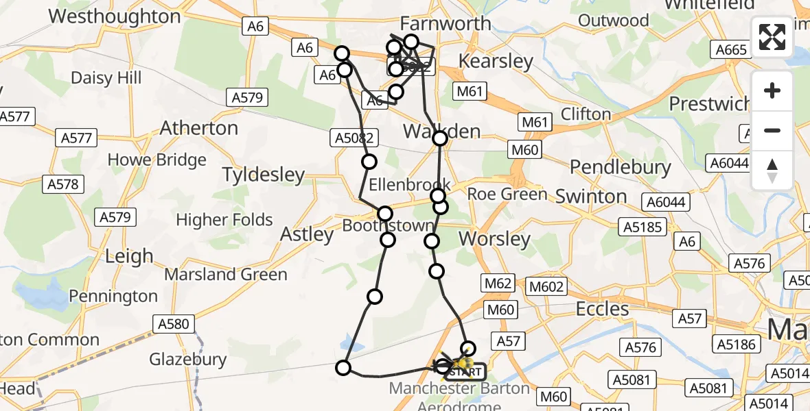 Flight path map showing Police Helicopter route from Manchester Barton Aerodrome to Manchester Barton Aerodrome