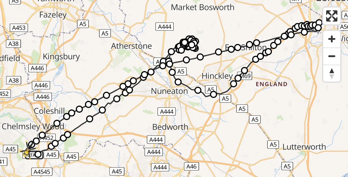 Flight path map showing Police Helicopter route from Birmingham Airport to Birmingham Airport