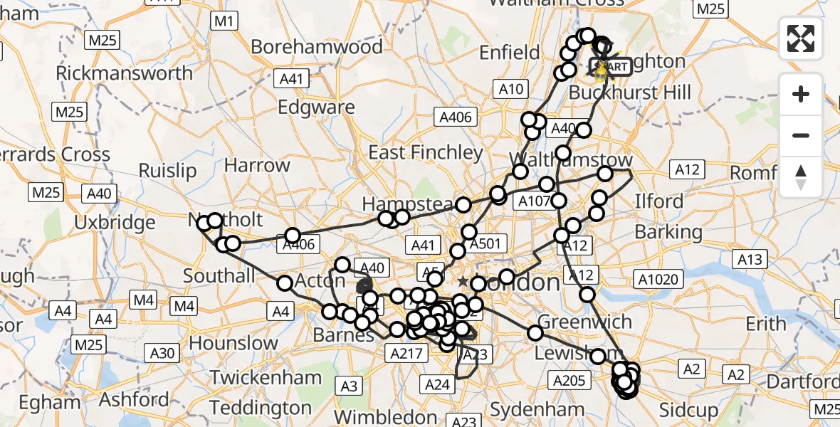 Flight route map: Police Helicopter to Sewardstonebury, Bury Road