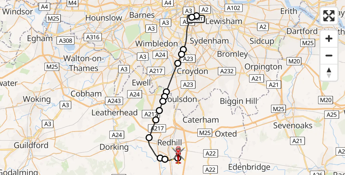 Flight route map: Air Ambulance Helicopter to Redhill Aerodrome, Redhill Aerodrome