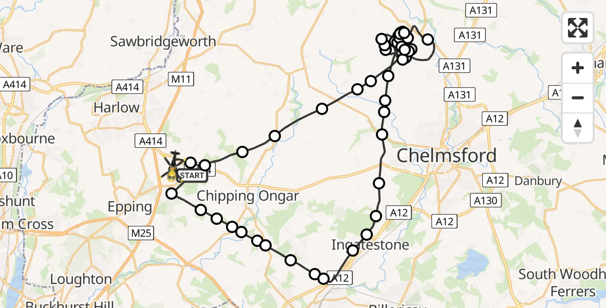 Flight route map: Police Helicopter to North Weald Bassett, Rayley Lane