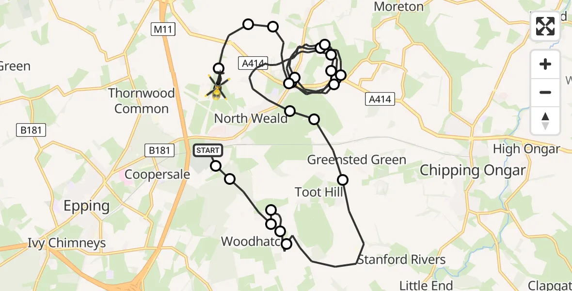 Flight route map: Police Helicopter to North Weald Airfield, North Weald Airfield