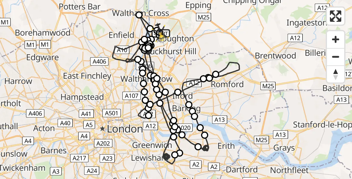 Flight route map: Police Helicopter to Sewardstonebury, Lippitts Hill