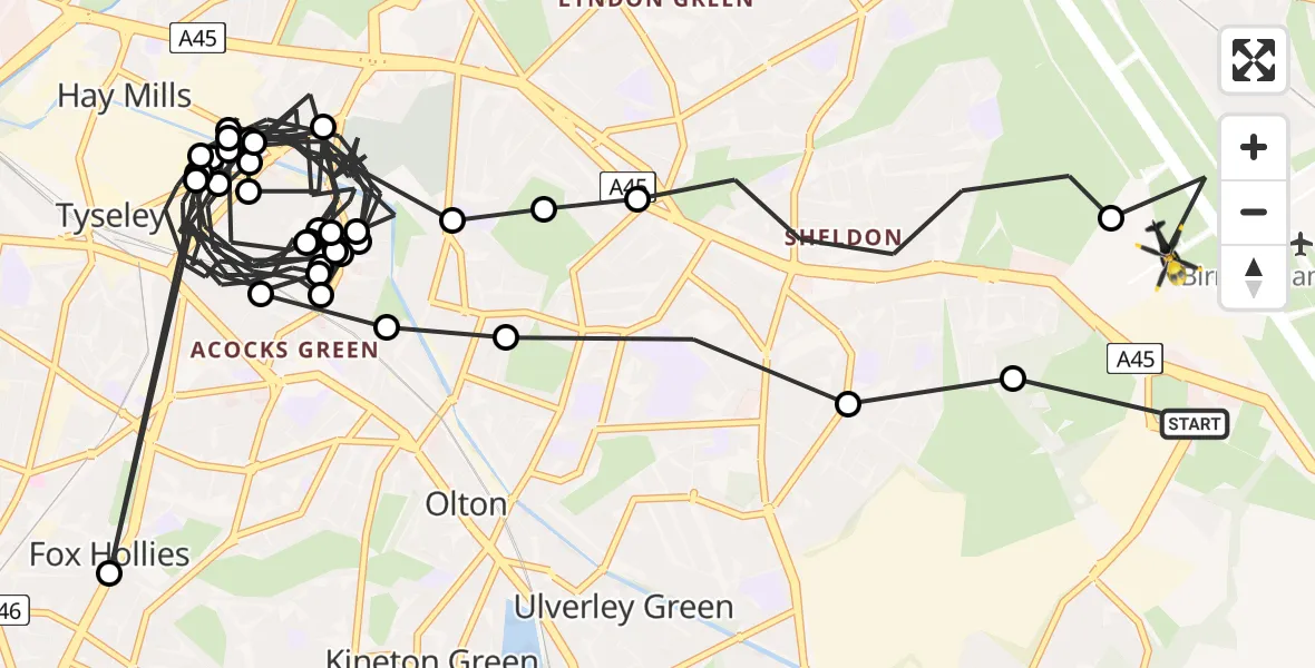 Flight path map showing Police Helicopter route from Birmingham Airport to Birmingham Airport