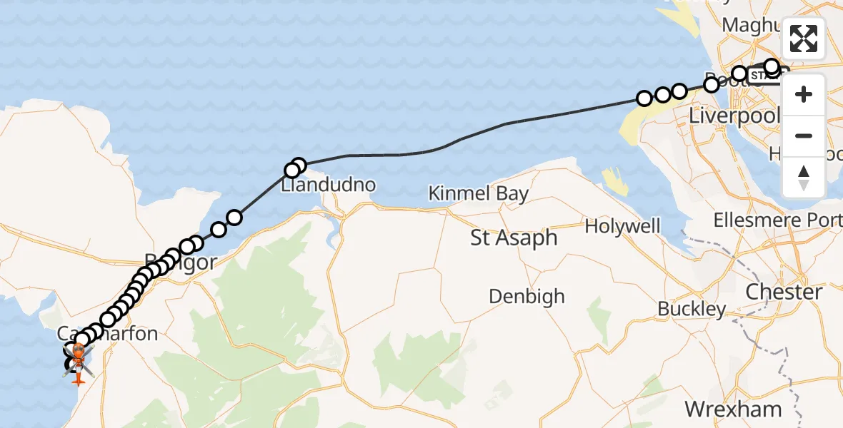 Flight route map: Coastguard Helicopter to Caernarfon Airport, Caernarfon Airport