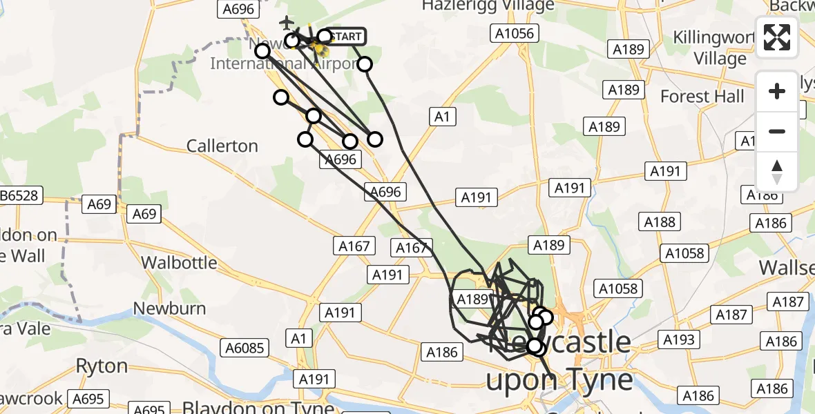 Flight route map: Police Helicopter to Newcastle International Airport, Newcastle International Airport