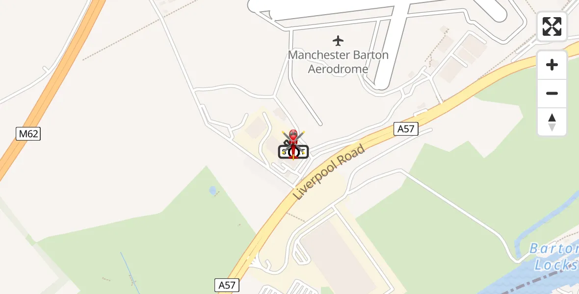 Flight path map showing Air Ambulance Helicopter route from Manchester Barton Aerodrome to Irlam
