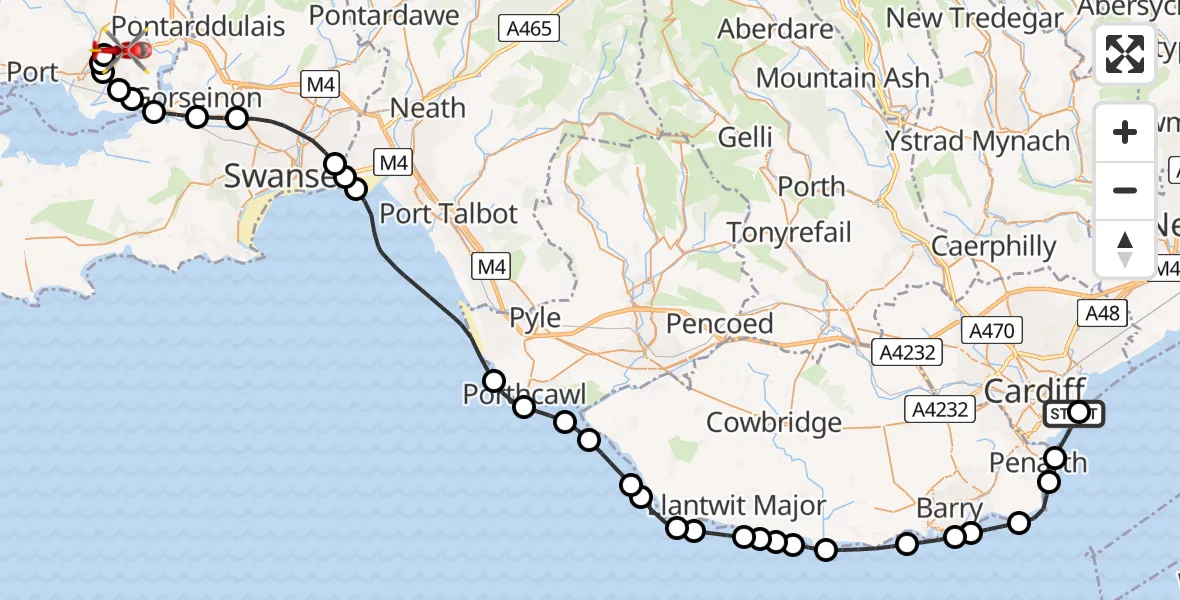 Flight route map: Air Ambulance Helicopter to Dafen, Heol Aur