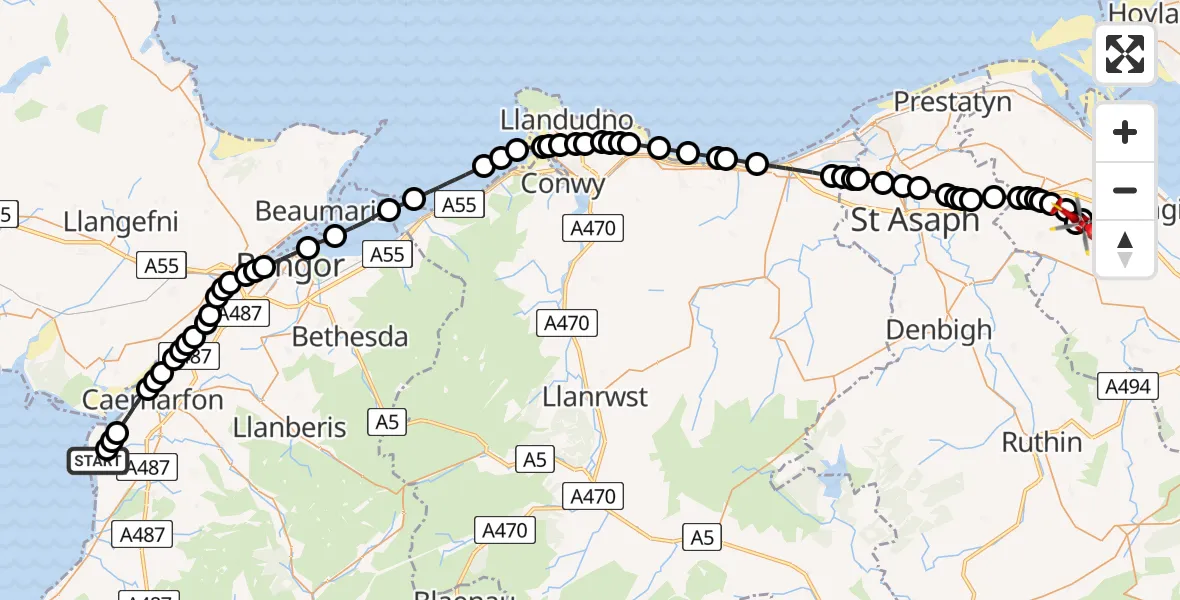 Flight route map: Air Ambulance Helicopter to Babell, Ffordd Calcoed