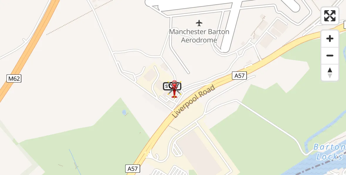 Flight path map showing Air Ambulance Helicopter route from Manchester Barton Aerodrome to Irlam